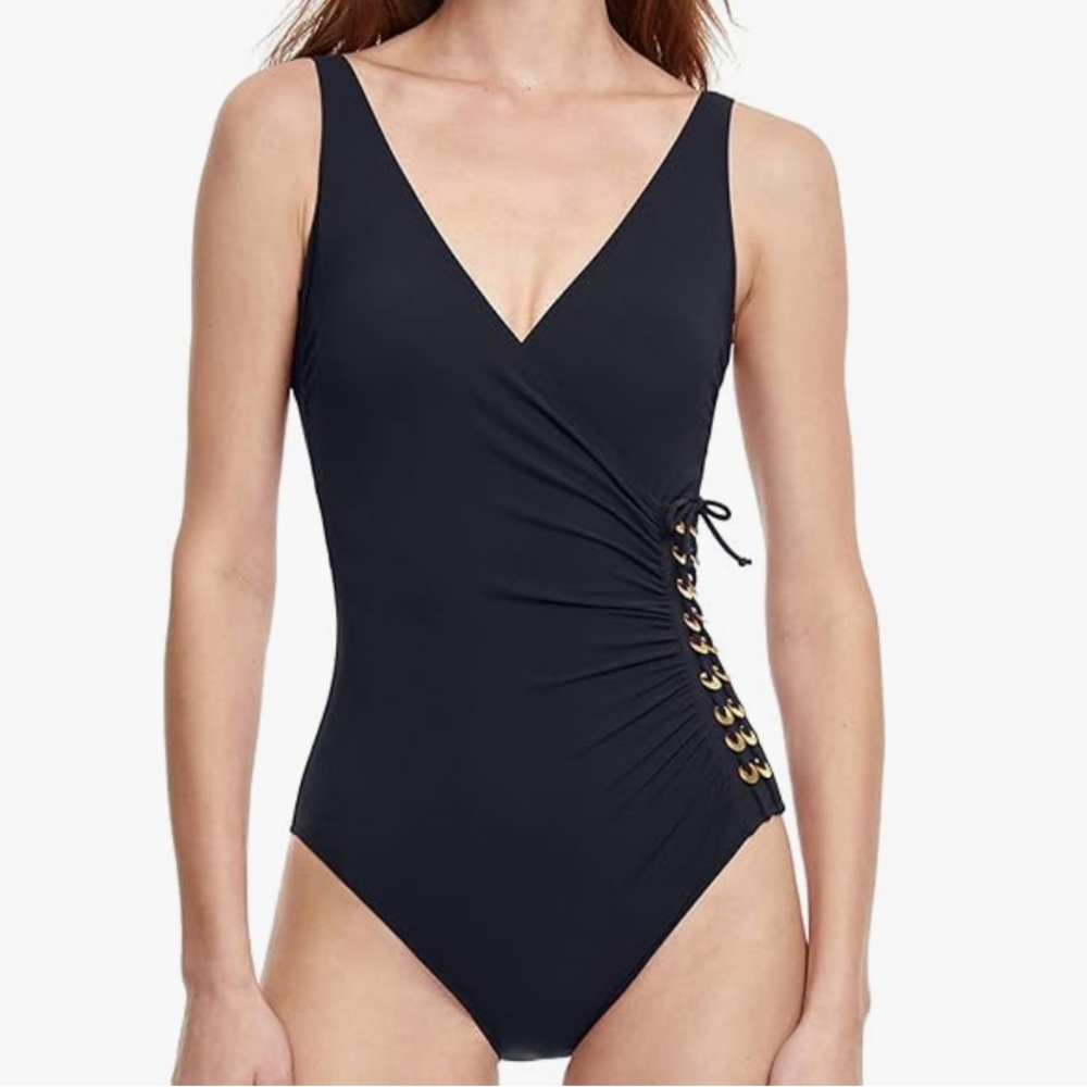 Gottex - Women’s One piece golden touch surplice bathing suit- Black- Size- 8